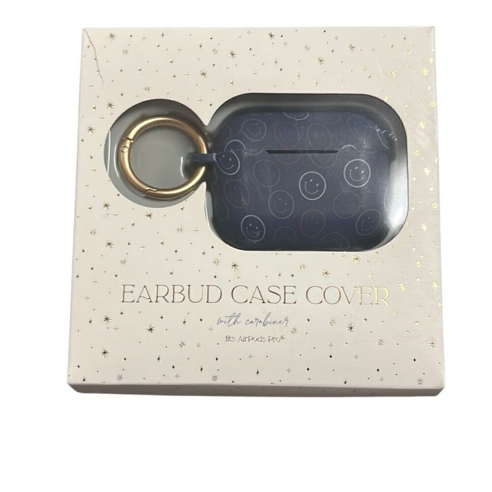 Garven Earbuds Airpod Silicone Cover Blue Smiley‎ Face Carabiner Wireless NEW